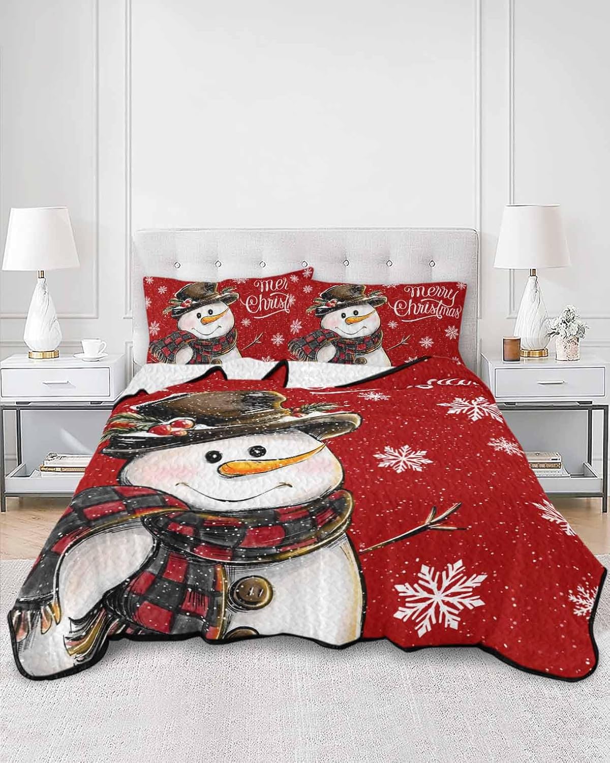 Chucoco Twin XL Quilt Bedding Set with Snowman Pattern