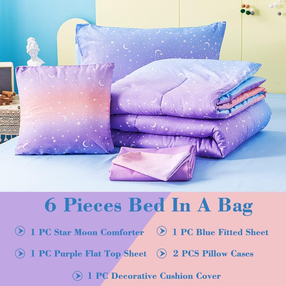 URBONUR Girls Comforter Set Queen 6PCS Gradient