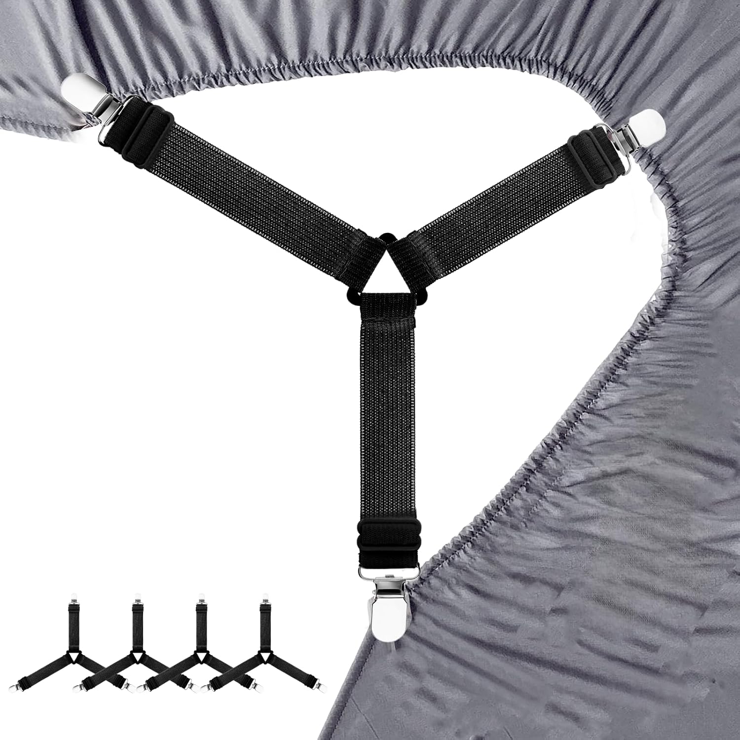 4Pcs Triangle Sheet Straps with Metal Clips - Adjustable Elastic Bed Sheet Holders Black