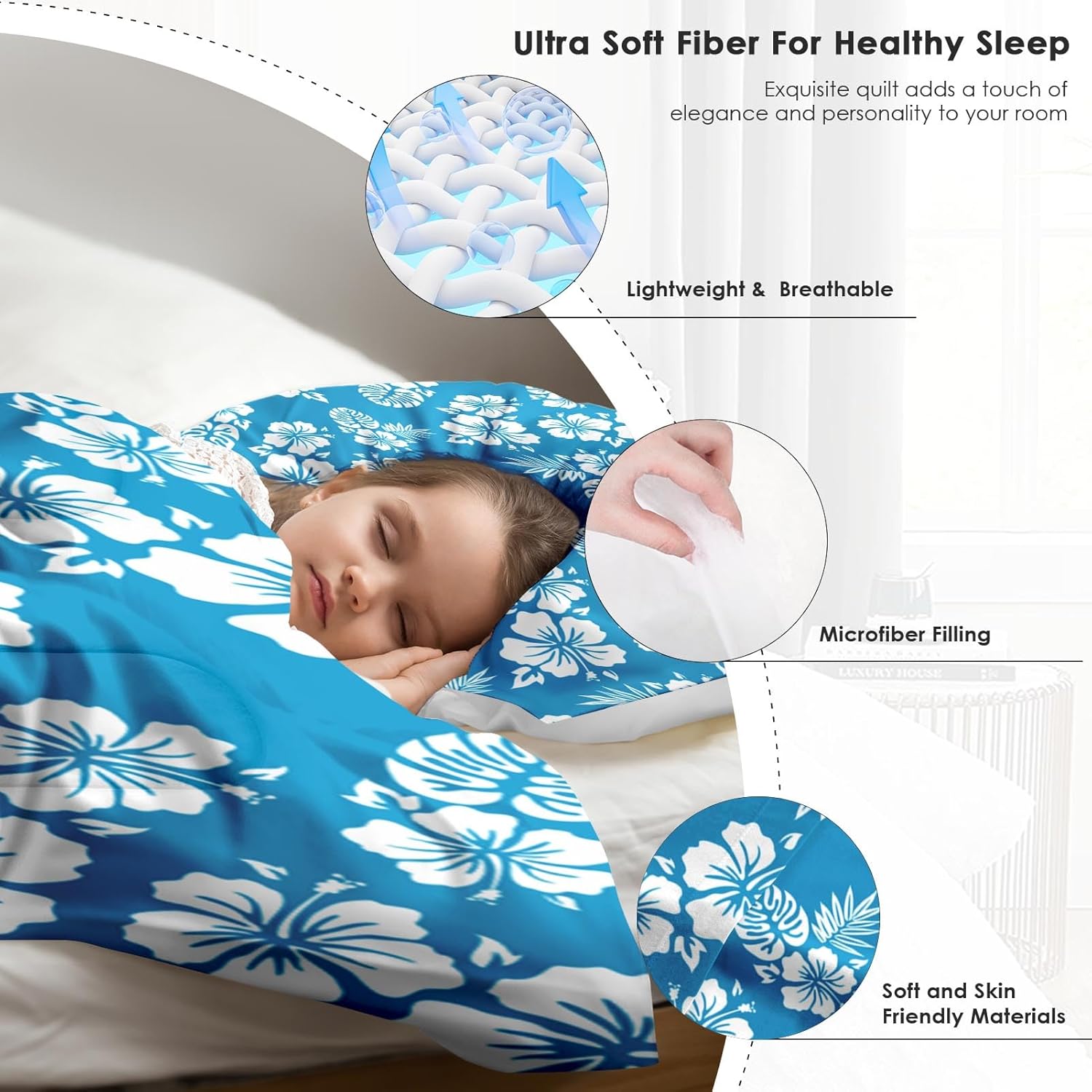Pamnest Queen Comforter Set Blue Hawaiian Flower 3 Pcs