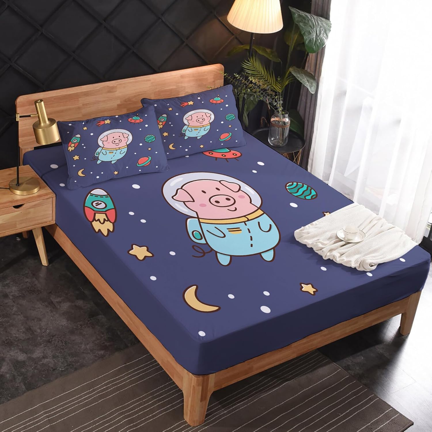Kids Pig Sheets California King Set - Space Theme Soft Microfiber 4PCS
