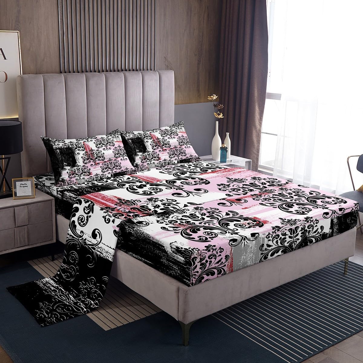 Erosebridal Pink Black Graffiti Twin Bed Sheet Set