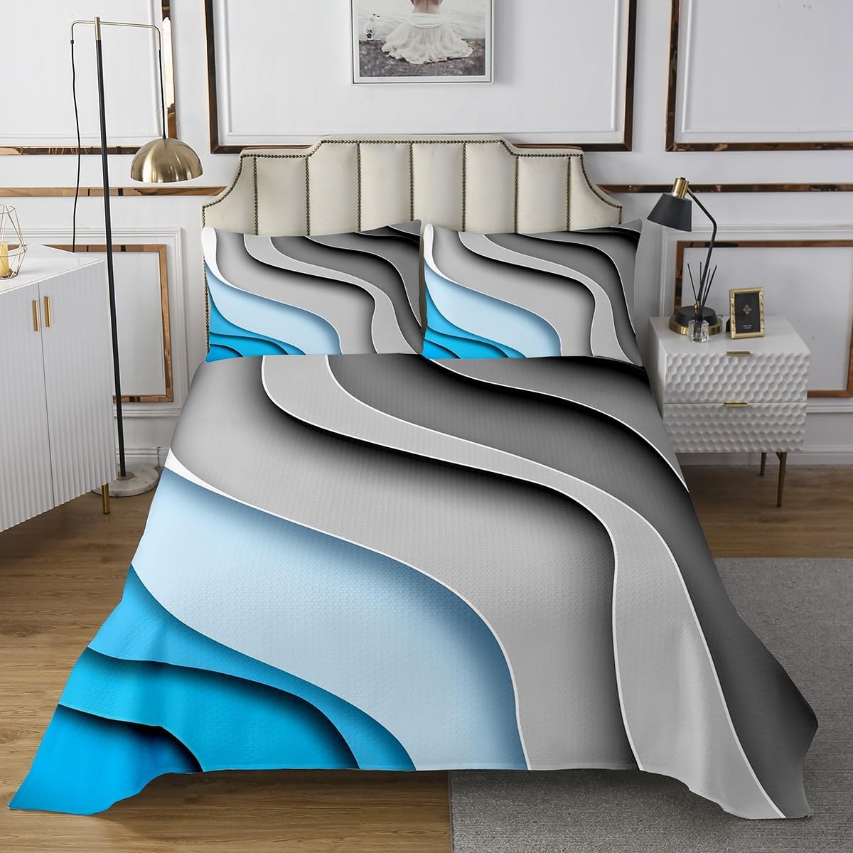 Erosebridal Blue Stripe King Quilt Set with Grey Coverlet