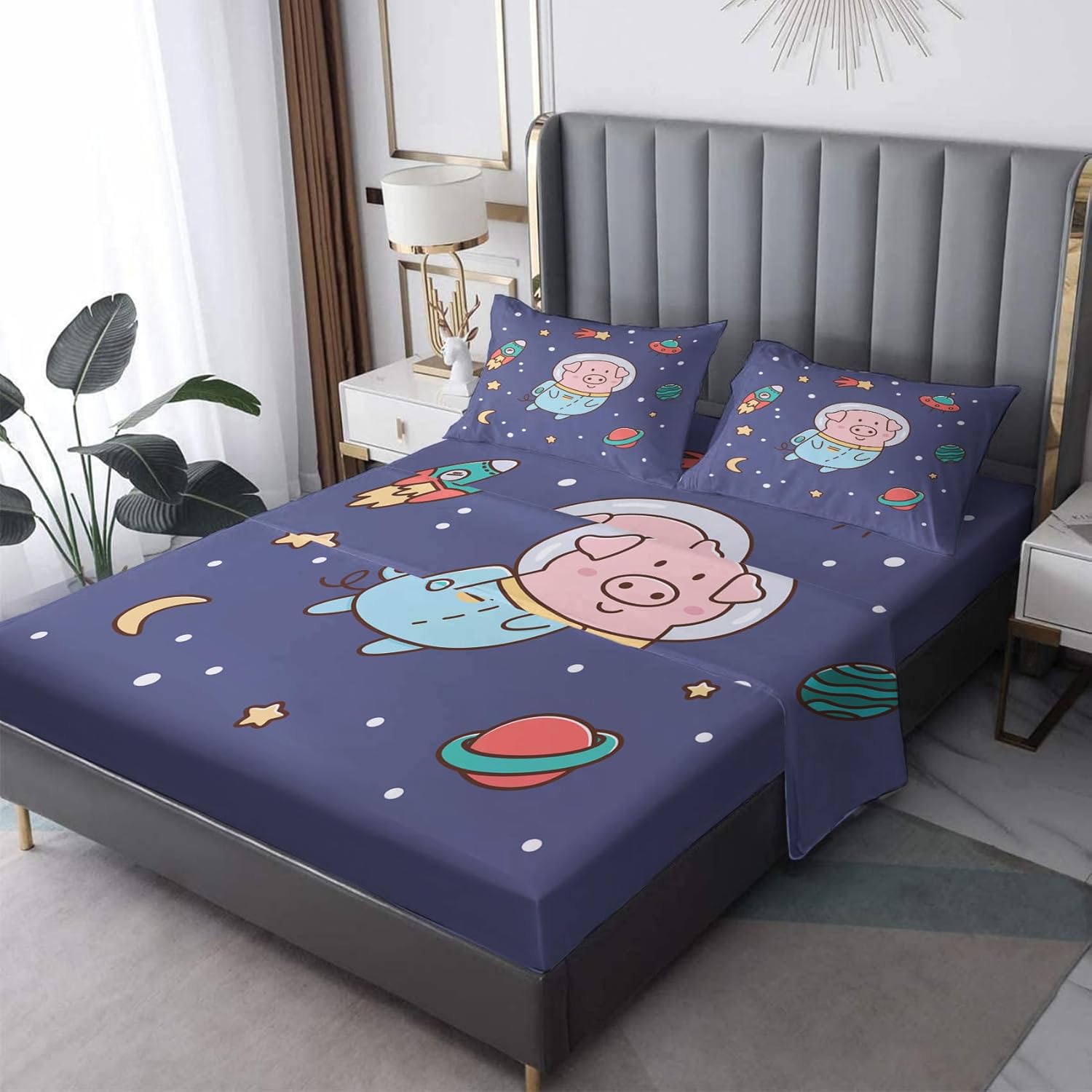 Kids Pig Sheets California King Set - Space Theme Soft Microfiber 4PCS