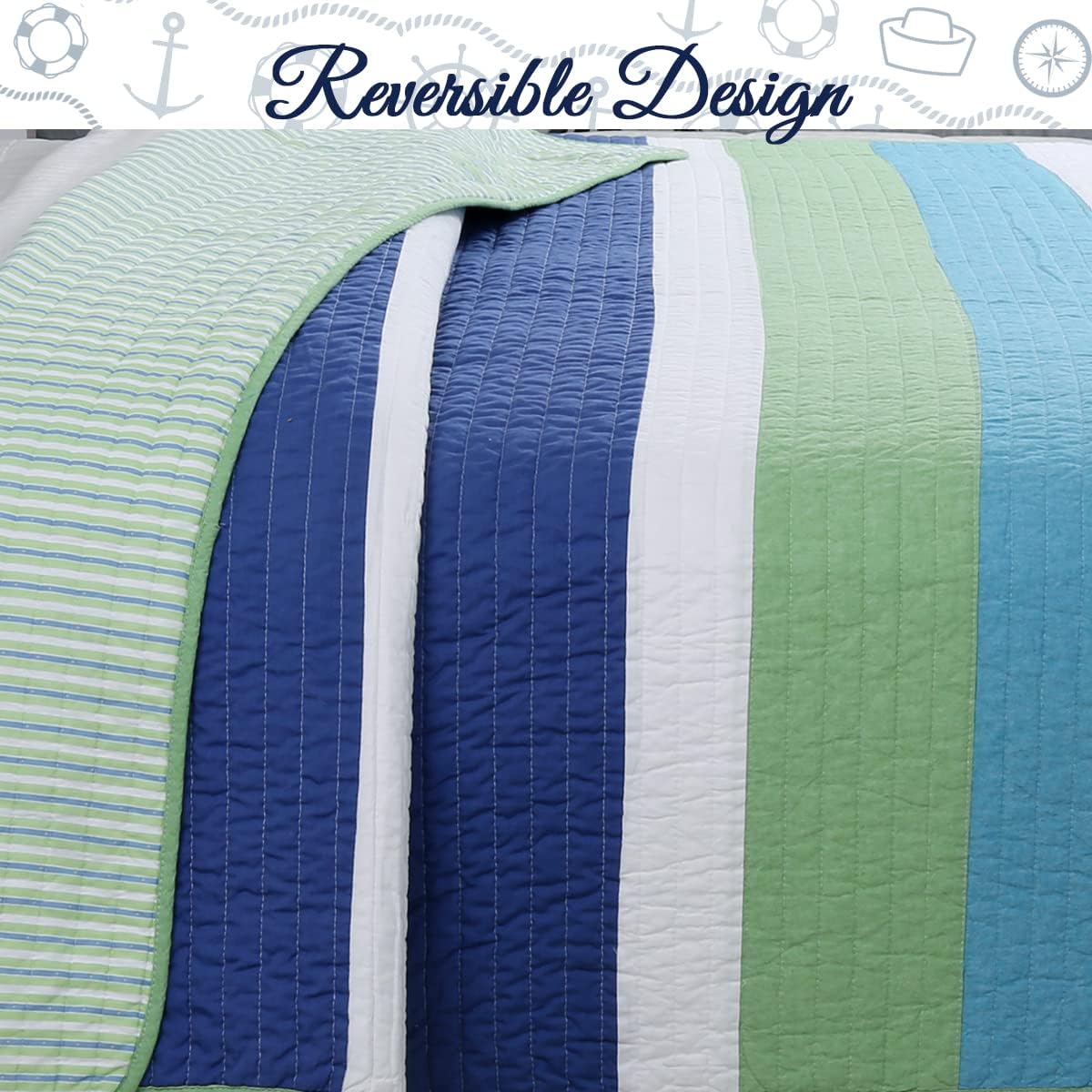 Cozy Line Waylon Navy Blue Green White Striped 100 Cotton Reversible Quilt Set