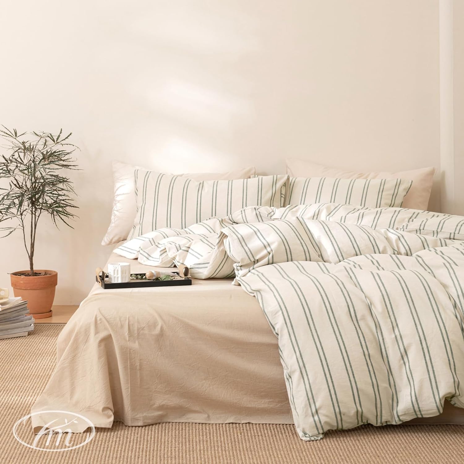 VM VOUGEMARKET Greyish-Green Striped Duvet Cover Set Twin XL