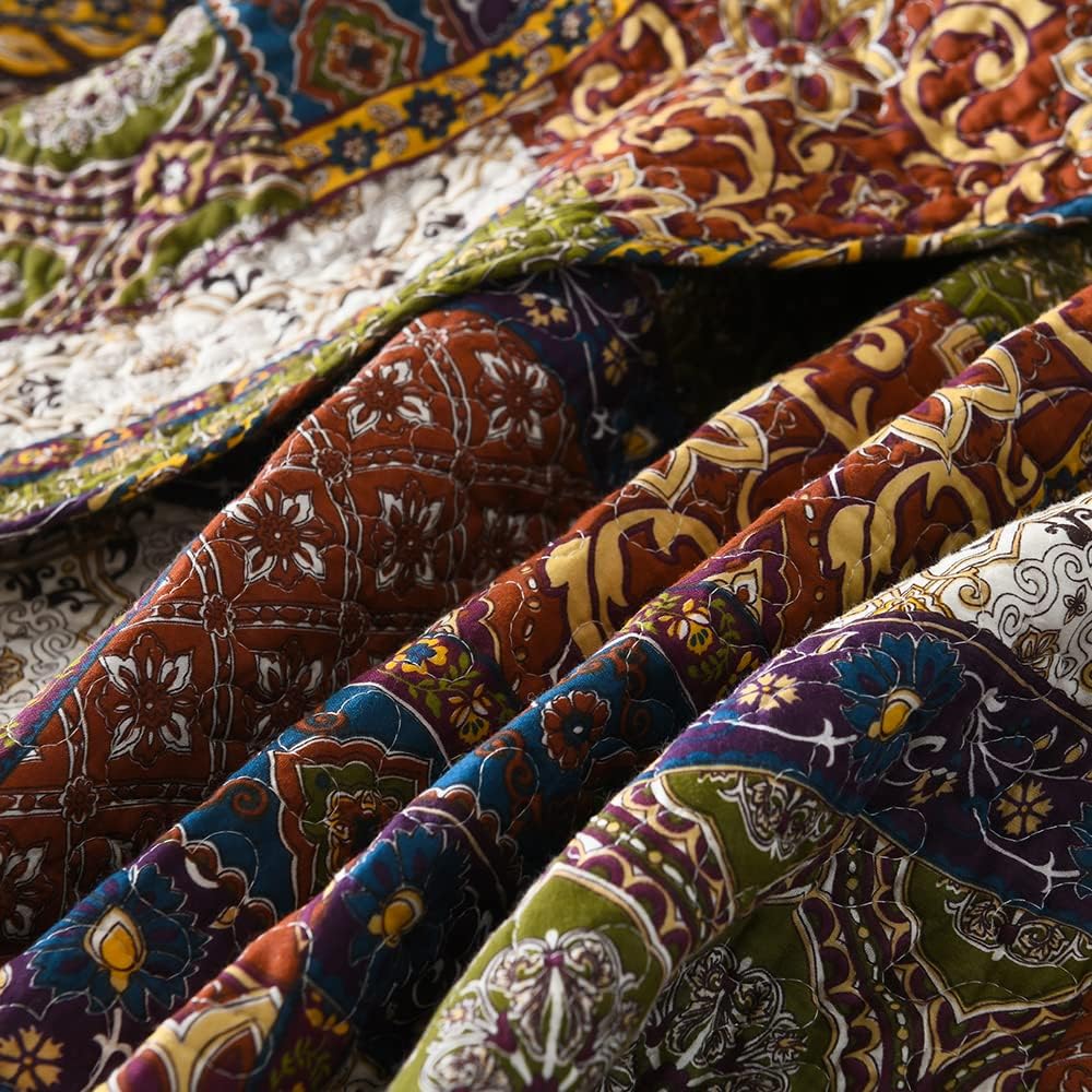 VISIMISI Cotton Reversible Patchwork Bedspread Set Brown Queen Size