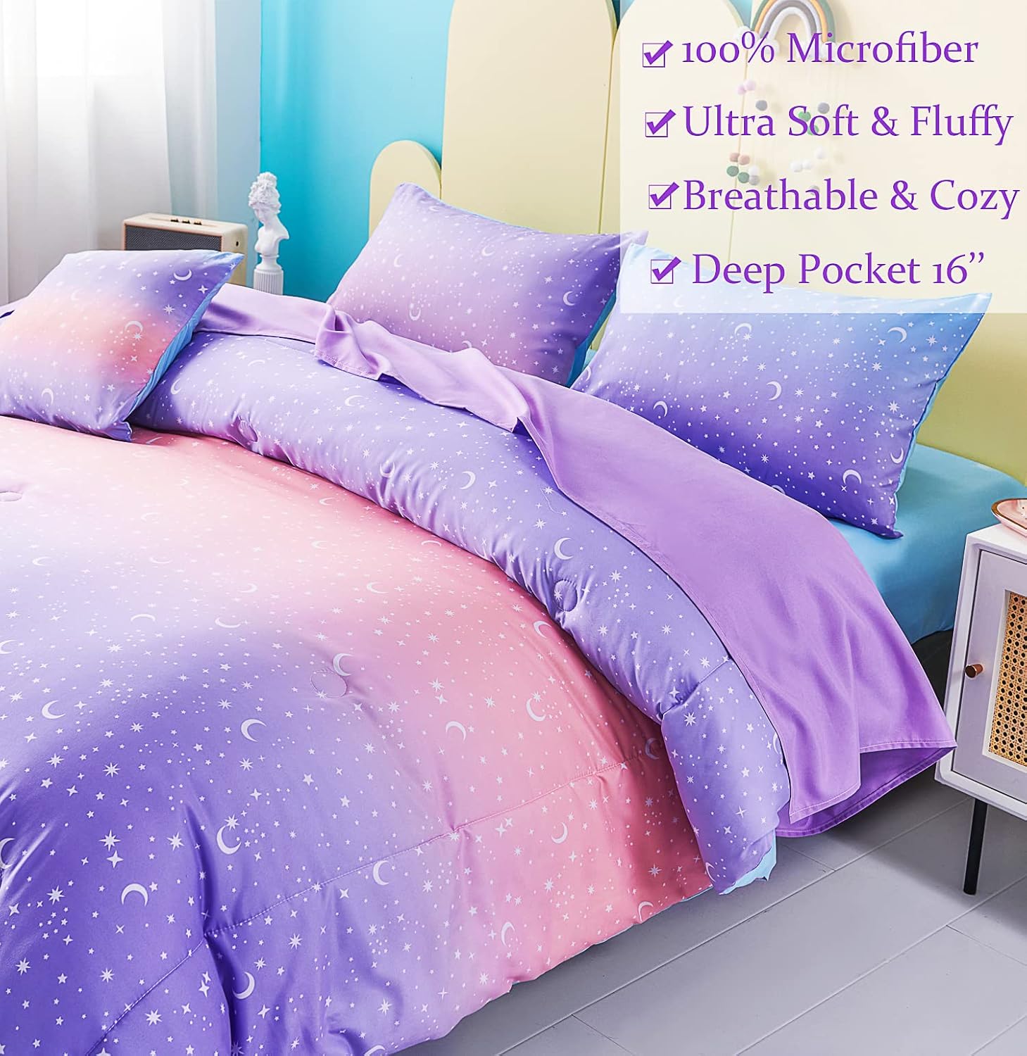 URBONUR Girls Comforter Set Queen 6PCS Gradient