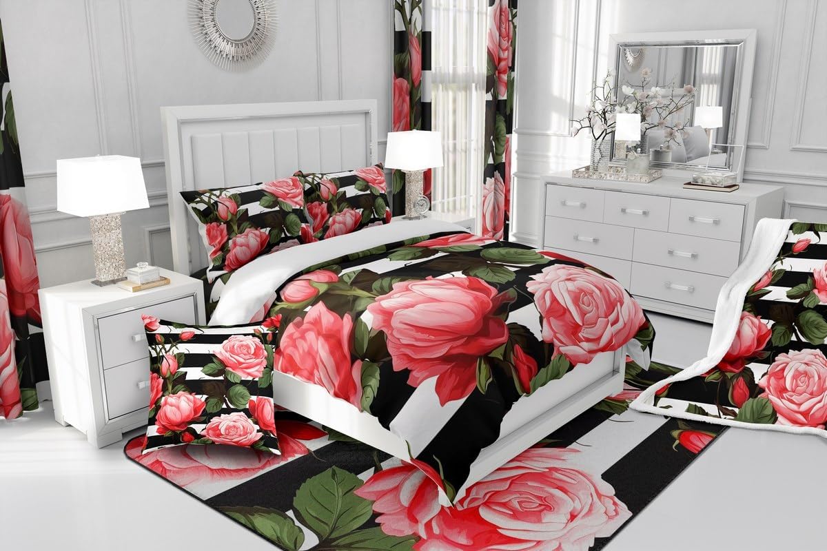 Erosebridal Red and Pink Flower Quilt Set 3Pcs 1