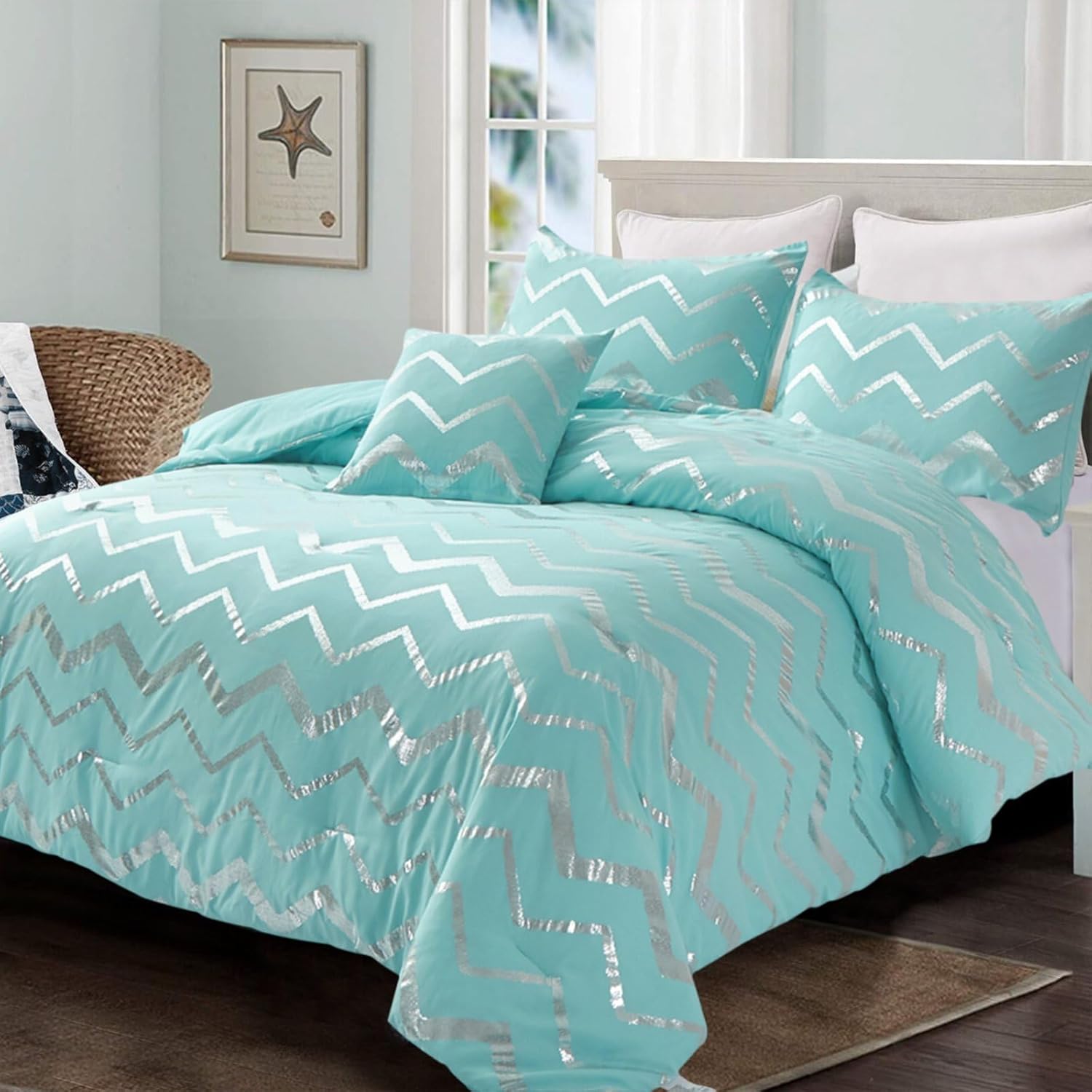 Menghomeus Aqua Comforter Set Twin XL Teal and Silver
