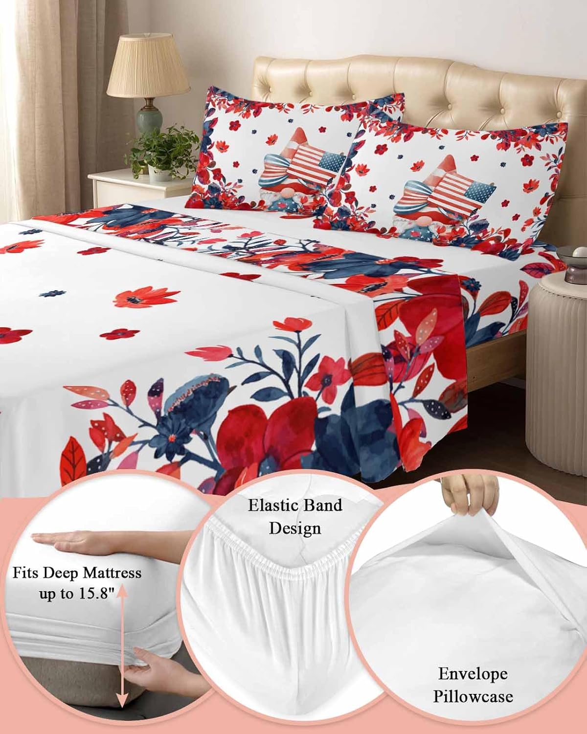 Boanket 4th of July Gnomes Cal King Sheet Set 4 Piece