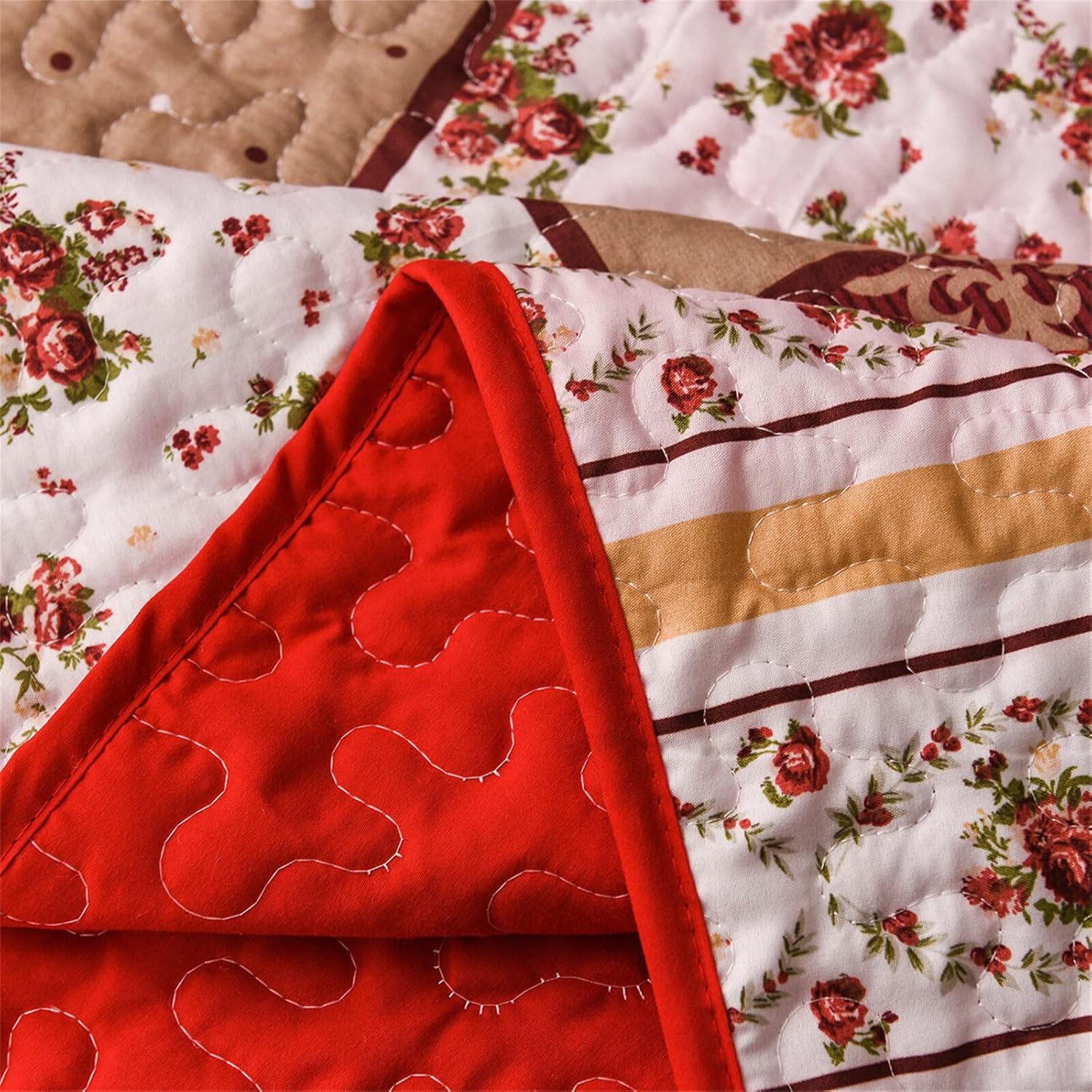 YASMENG 3-Piece Floral Plaid Quilt Set King