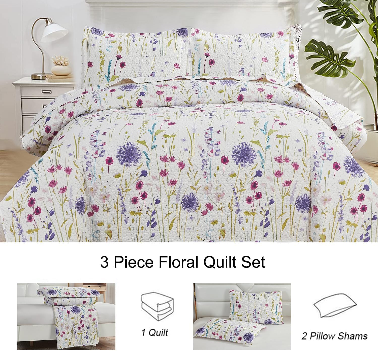 Ycosy Floral Quilt Set Twin Size Summer Reversible Bedspread
