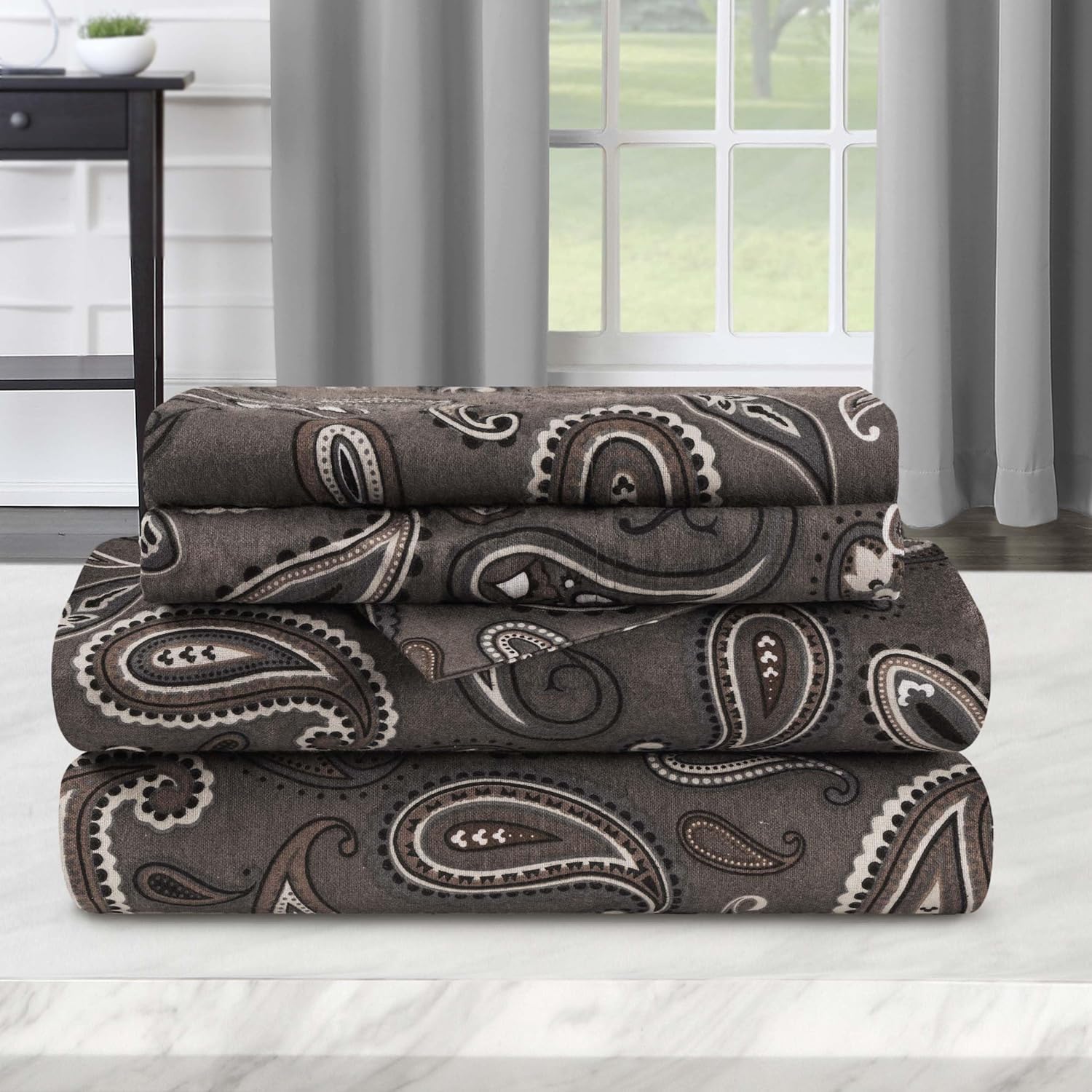 Superior Flannel Cotton Sheet Set Paisley or Solid Twin XL Charcoal