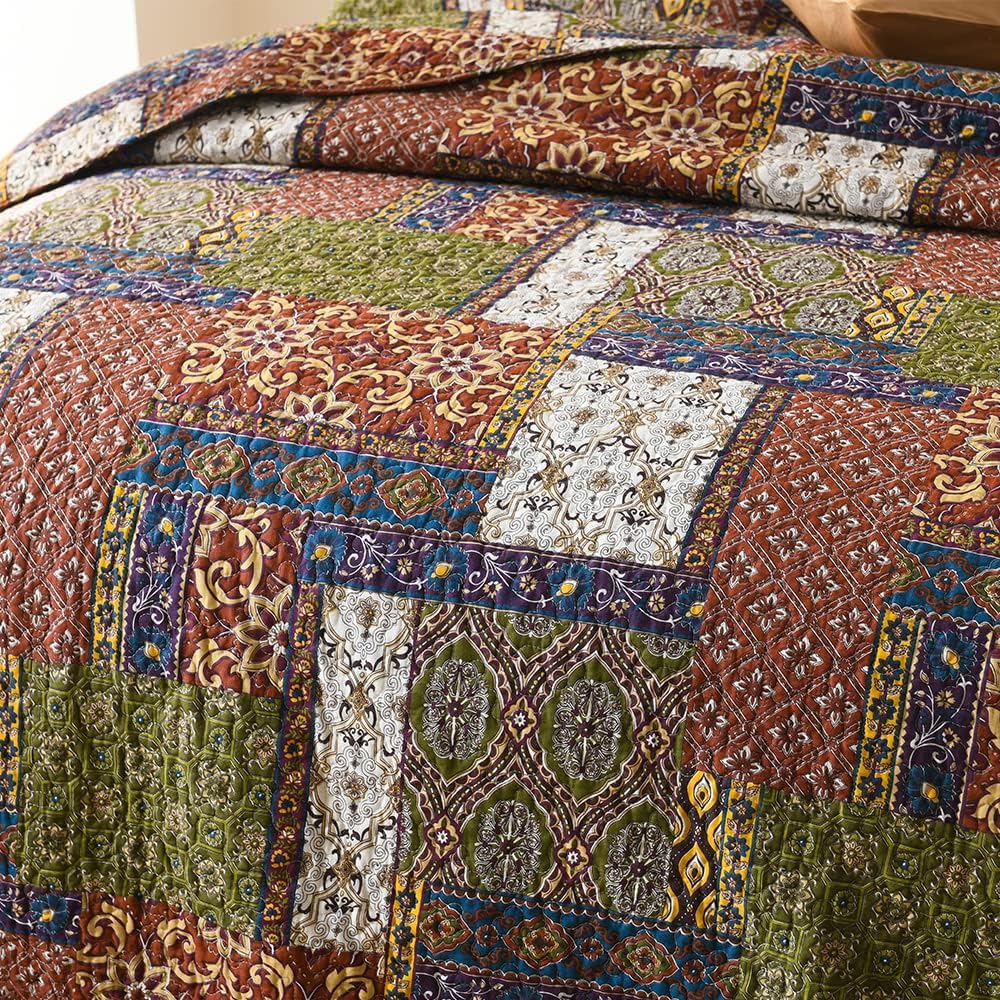 VISIMISI Cotton Reversible Patchwork Bedspread Set Brown Queen Size