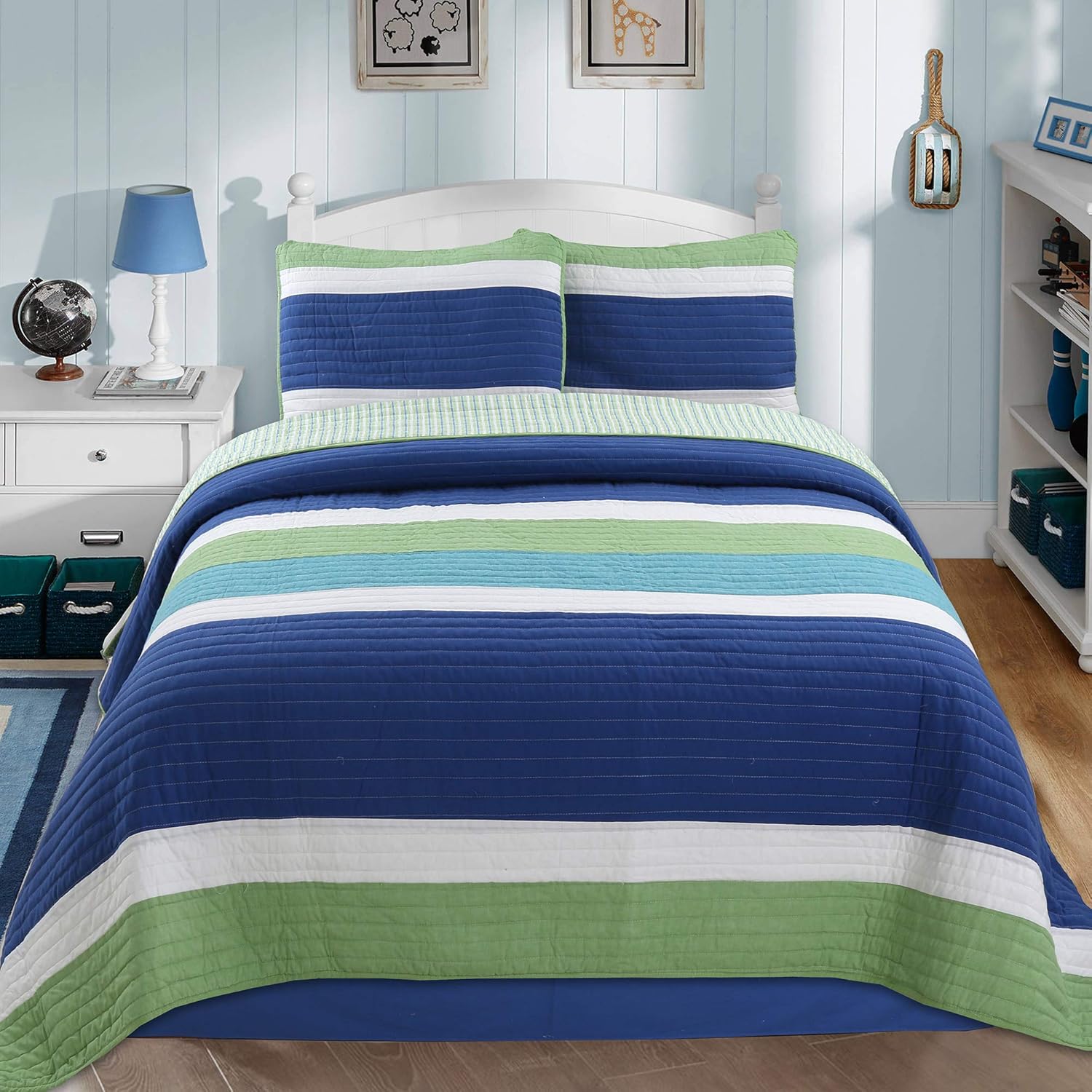 Cozy Line Waylon Navy Blue Green White Striped 100 Cotton Reversible Quilt Set