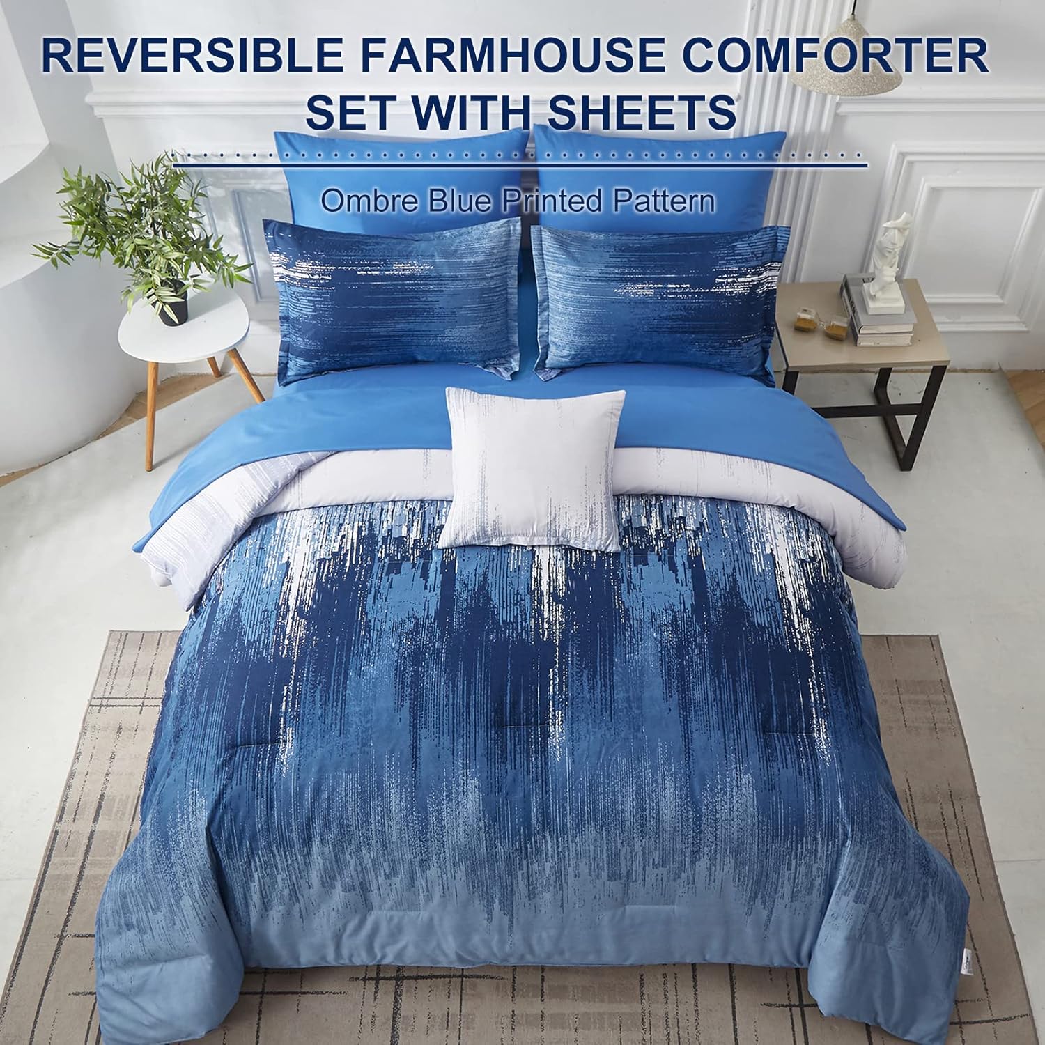 Dinjoy Ombre Blue Comforter Set Twin Size Reversible