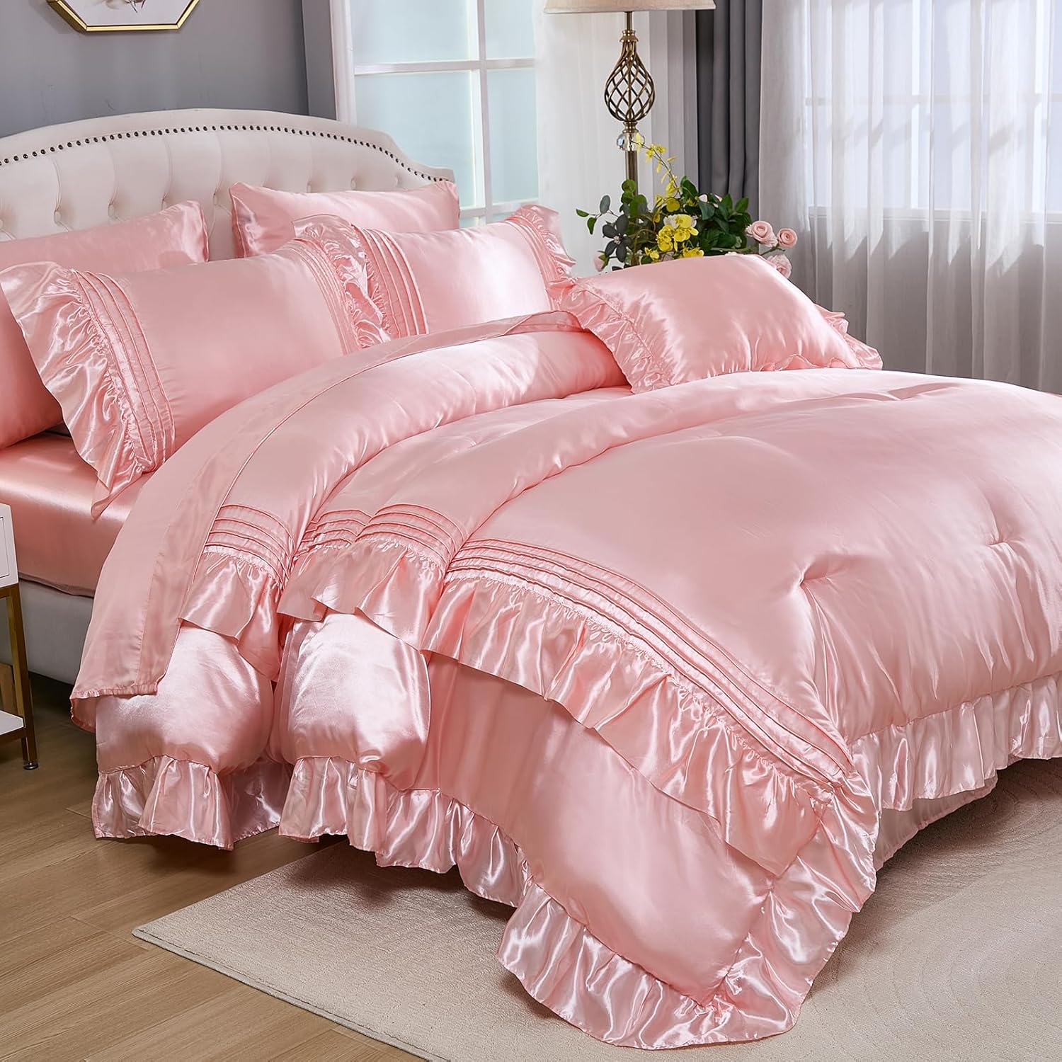 Bedbay Pink Satin 8-Piece Queen Comforter Set 1