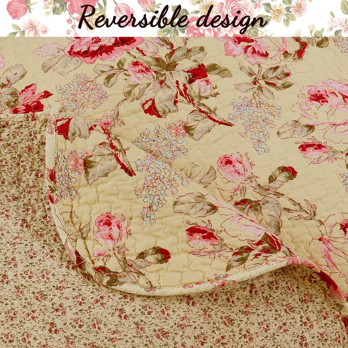Cozy Line Lelia Pink Rose Reversible Quilt Bedding Set King - 3 Piece 1