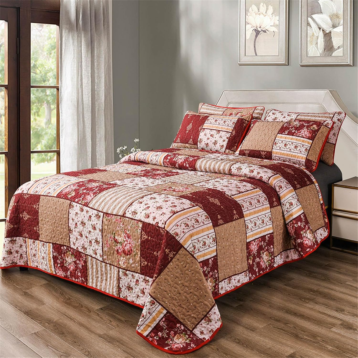YASMENG 3-Piece Floral Plaid Quilt Set King
