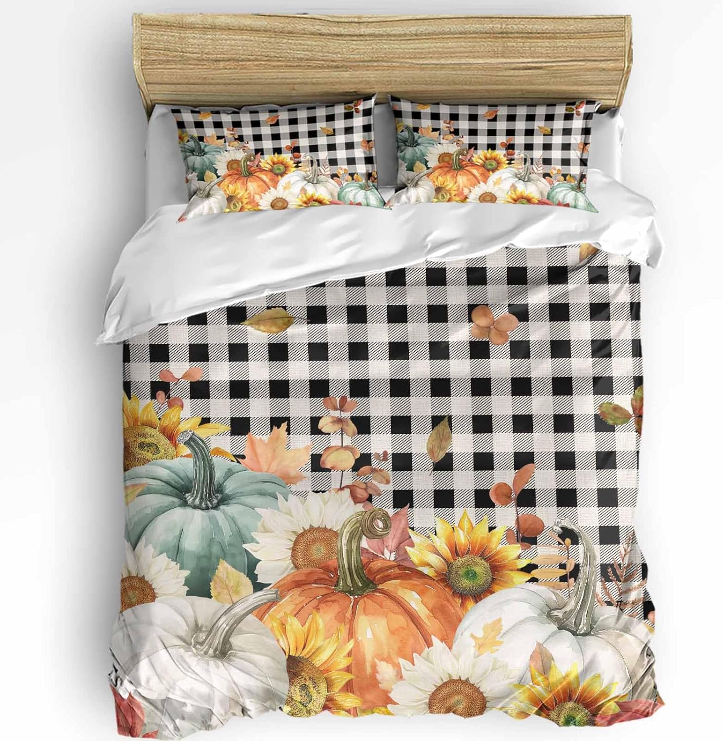 OComster California King Quilt Cover Set with Plaid Sunflower Pattern