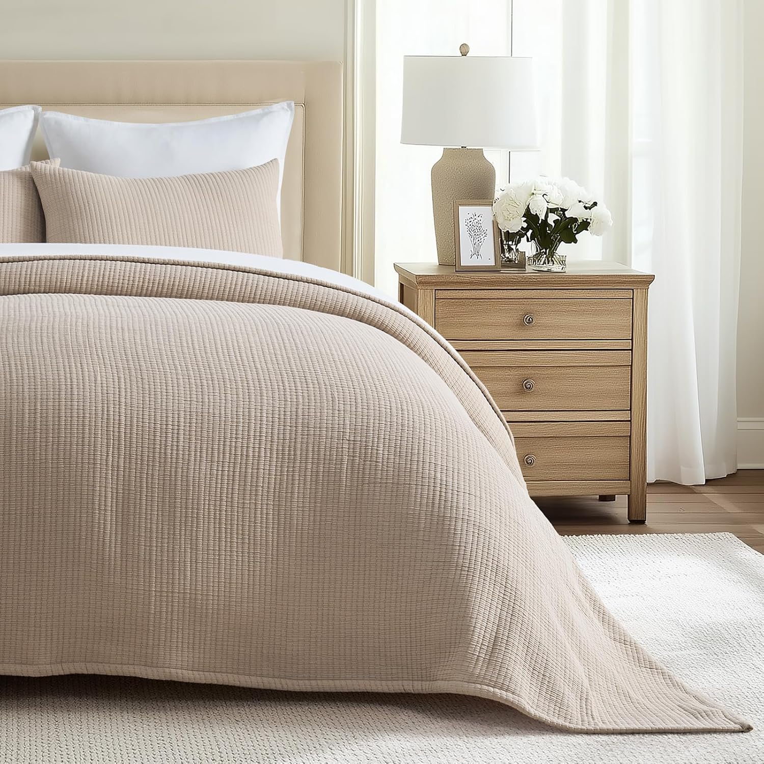 EVERGRACEHOME Cotton Gauze Bedspread Set Khaki Tan 2 Shams