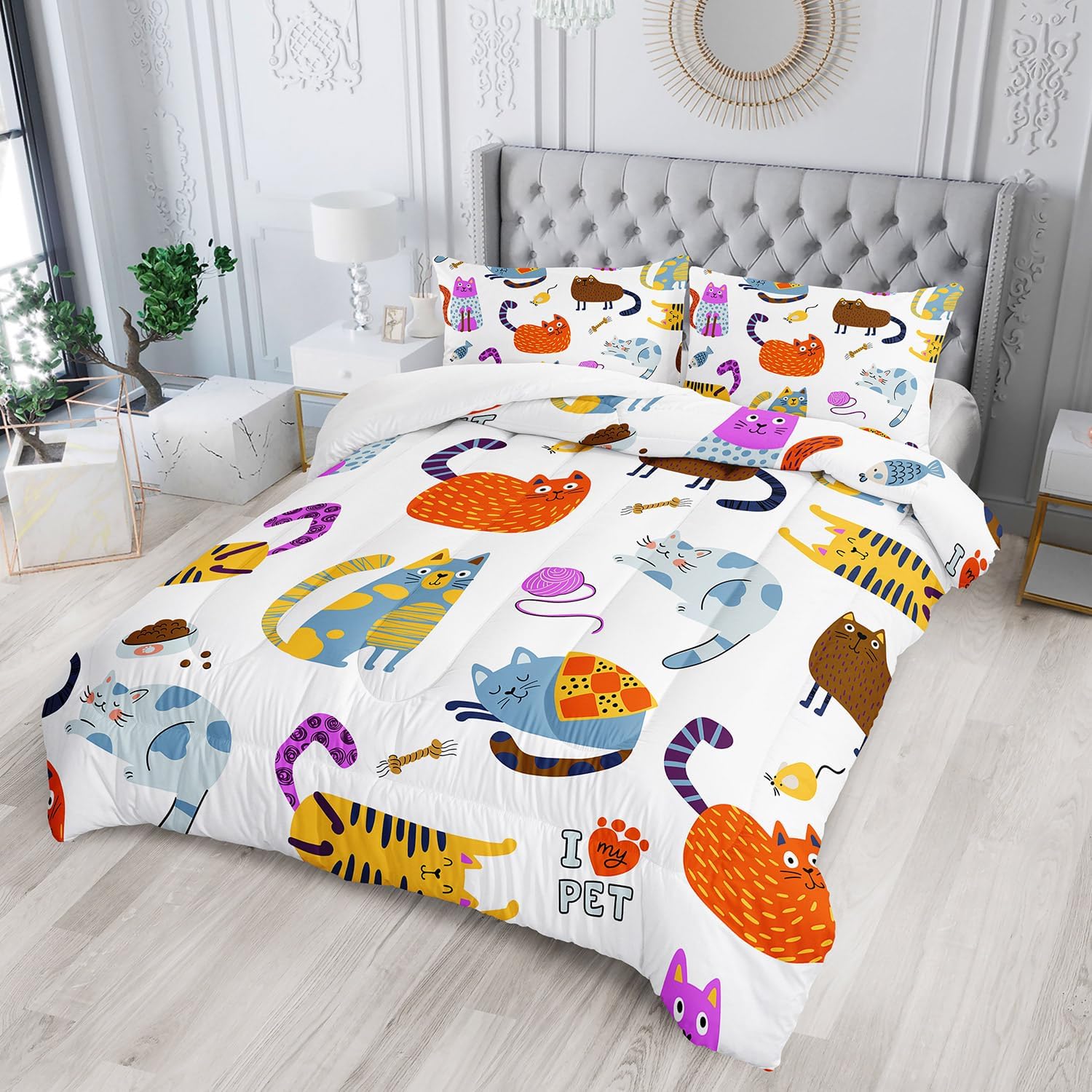 Kids Kawaii Cat Comforter Set 3Pcs Full Size