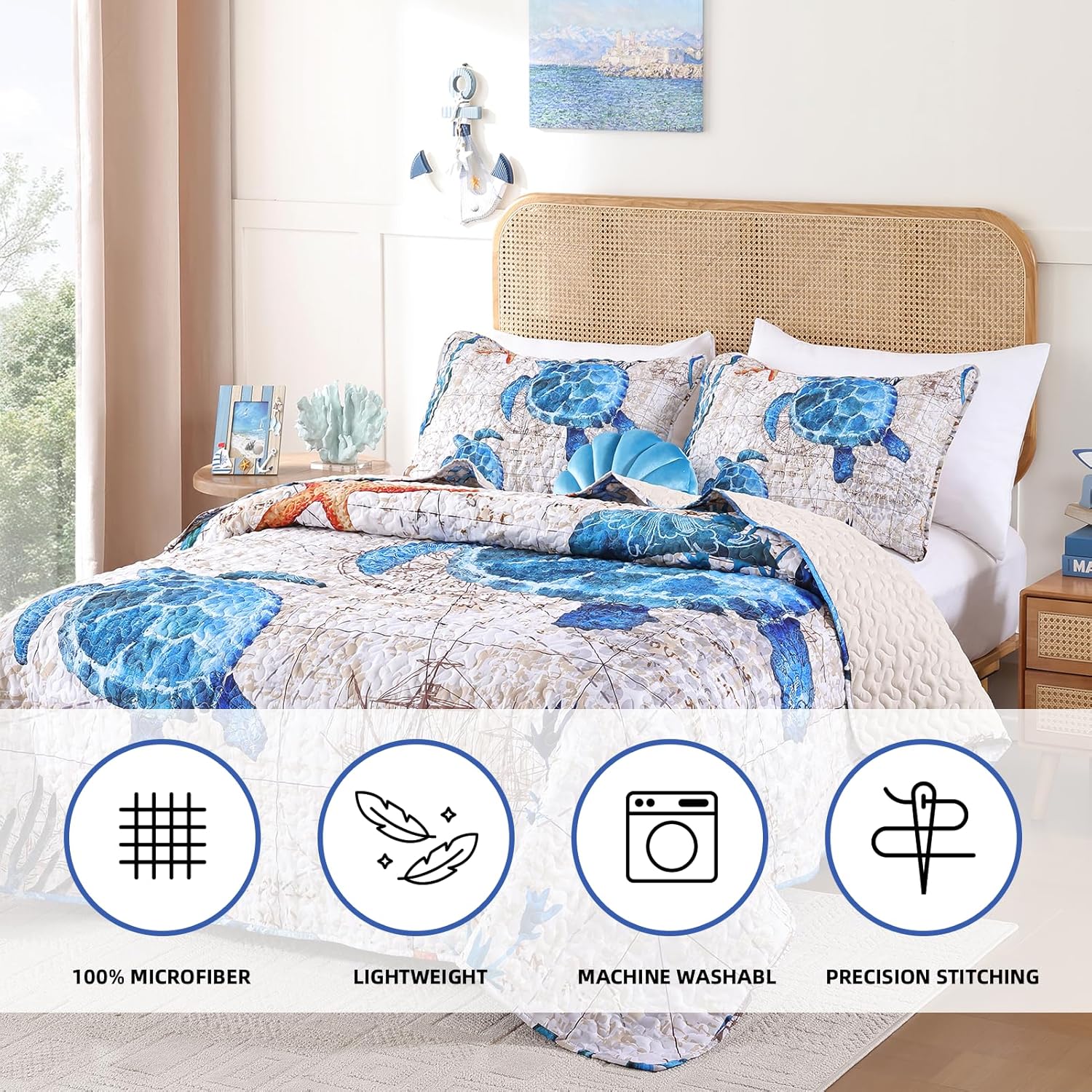 Weigelia Coastal Queen Quilt Set - Sea Turtles Nautical Design