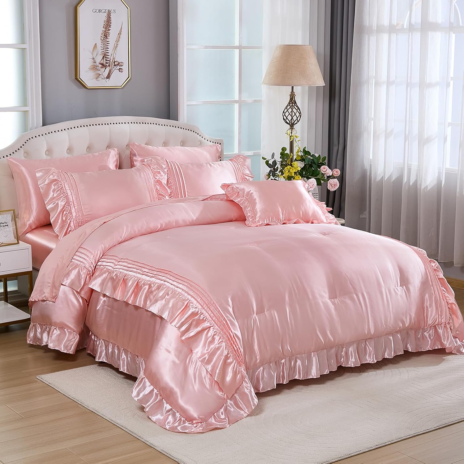 Bedbay Pink Satin 8-Piece Queen Comforter Set 1