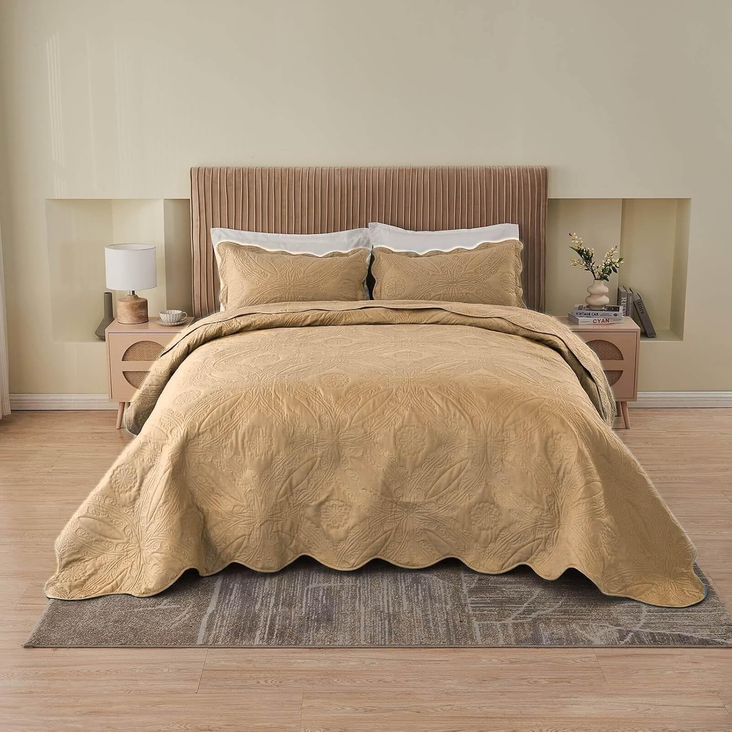 Kingnex Oversized King Bedspread Set 3 Piece Beige