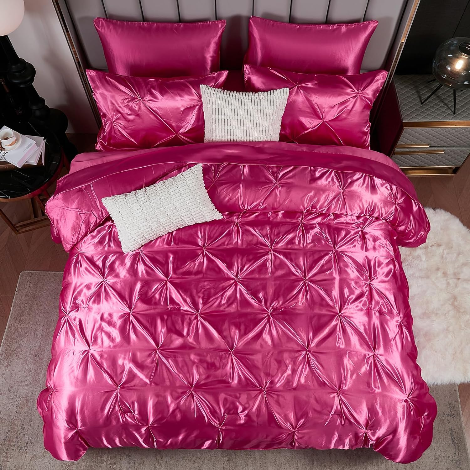 Bedbay Hot Pink Satin Comforter Set 10 Pcs Bed in a Bag