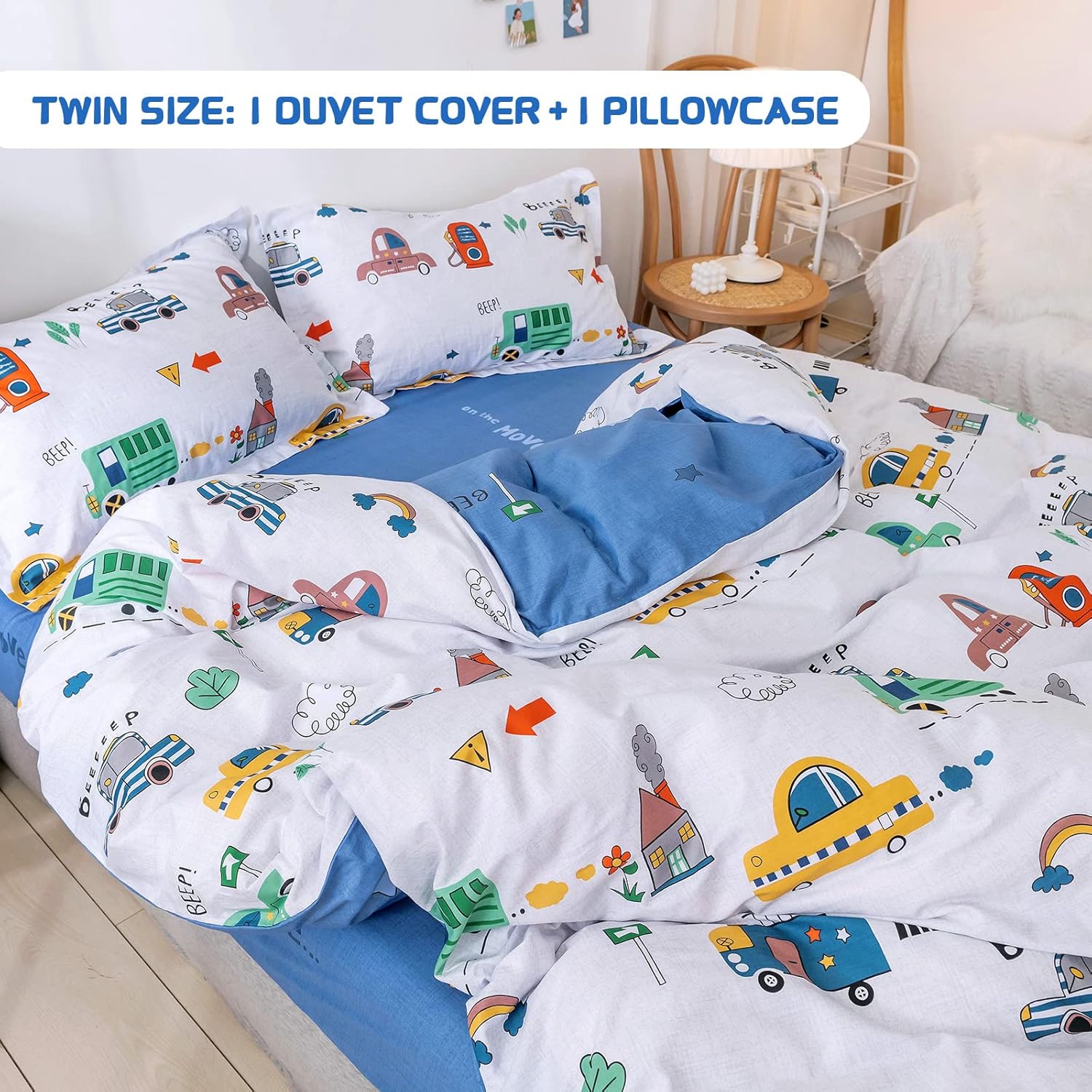 Kids Car Duvet Cover Set Twin Size - 100 Cotton