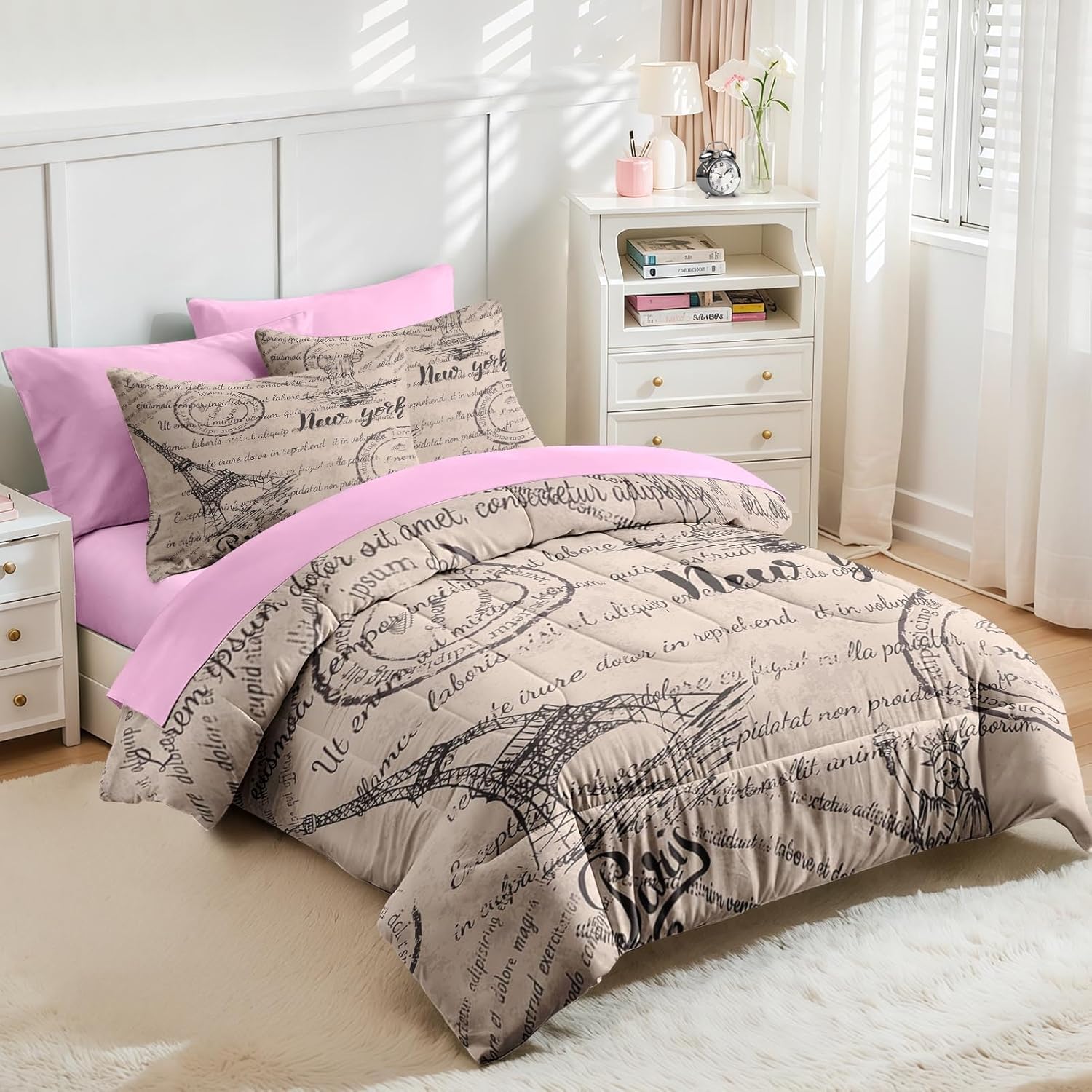 Nesker 7 Pcs Queen Comforter Set with Eiffel Tower Design