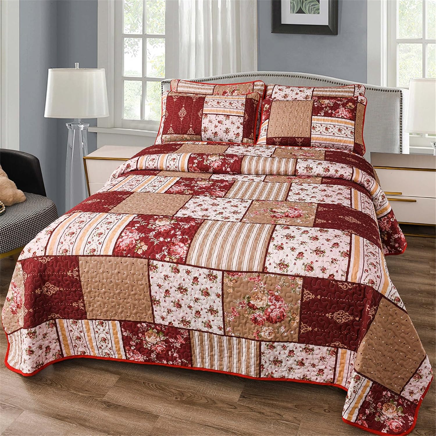YASMENG 3-Piece Floral Plaid Quilt Set King