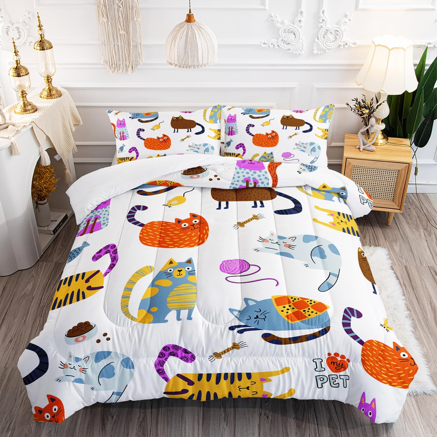 Kids Kawaii Cat Comforter Set 3Pcs Full Size