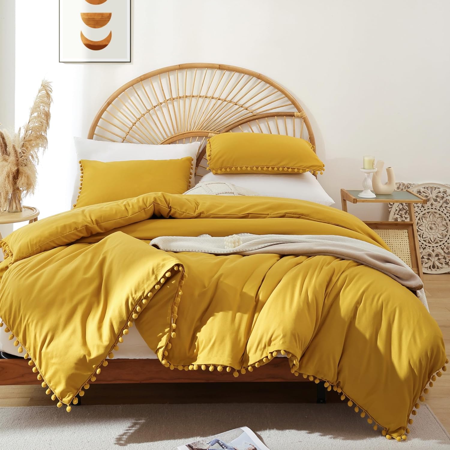 YIRDDEO Twin Comforter Set with Pom Fringe Mustard Yellow