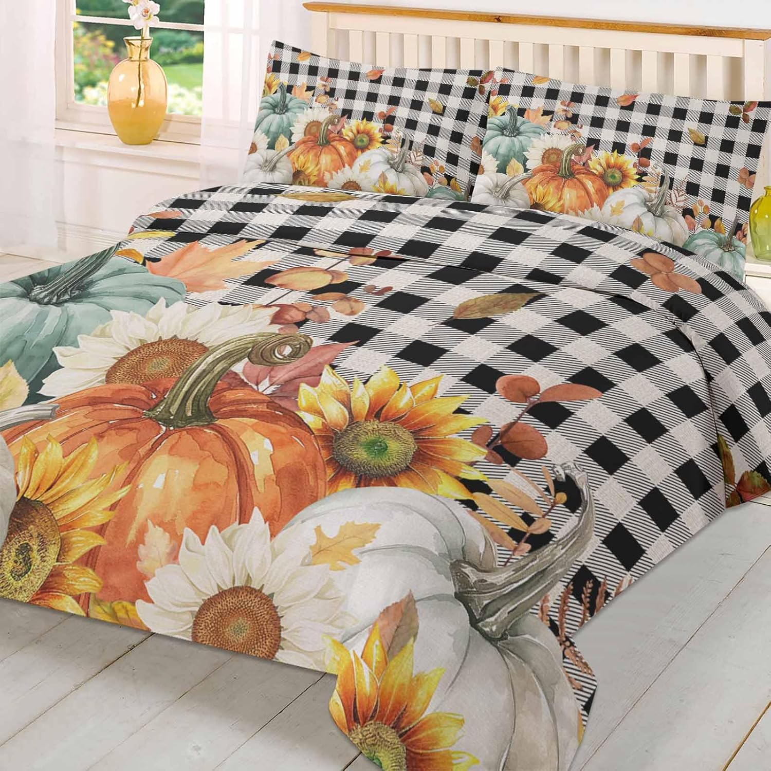 OComster California King Quilt Cover Set with Plaid Sunflower Pattern