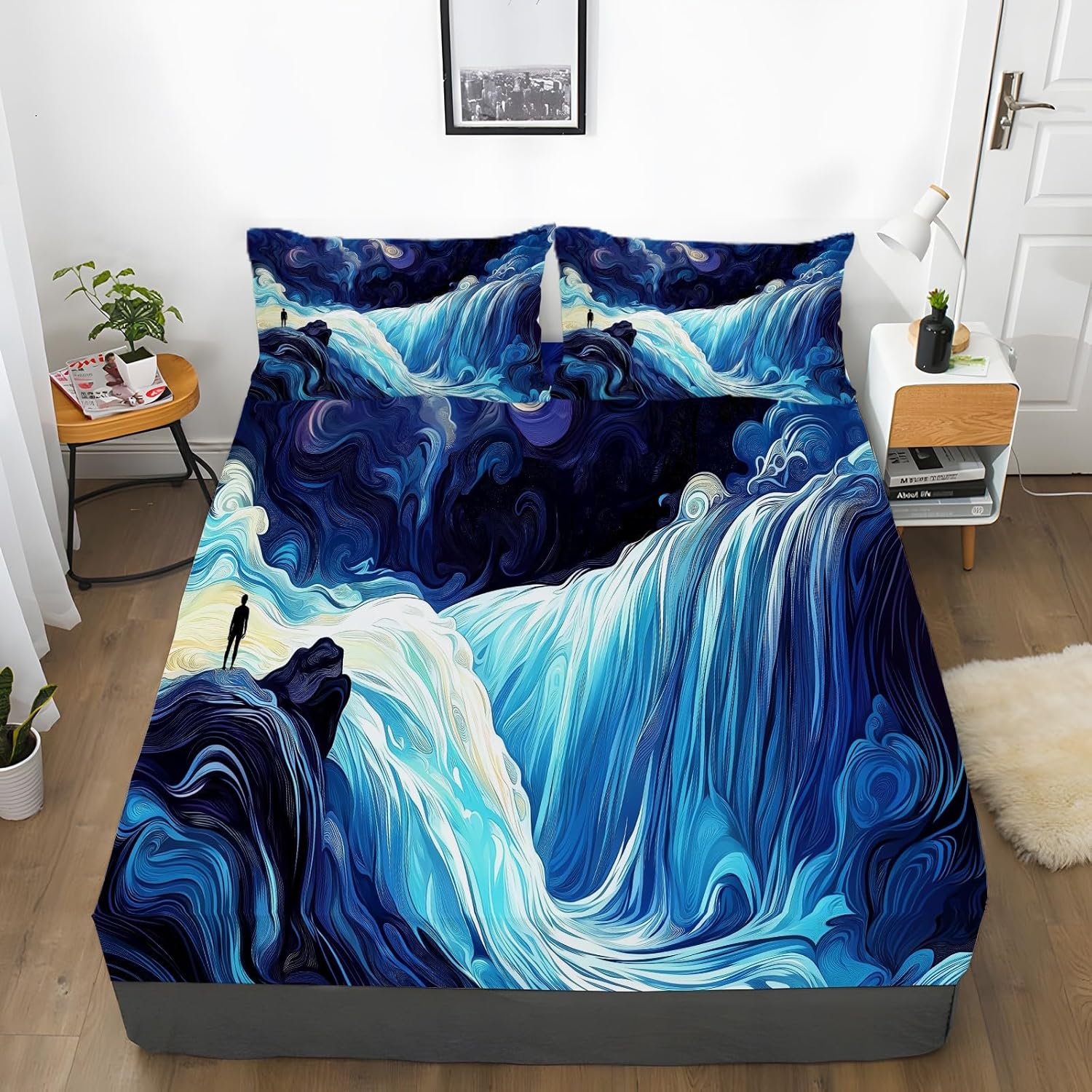 4 Piece Microfiber Bed Sheet Set Blue Abstract Waterfall Design