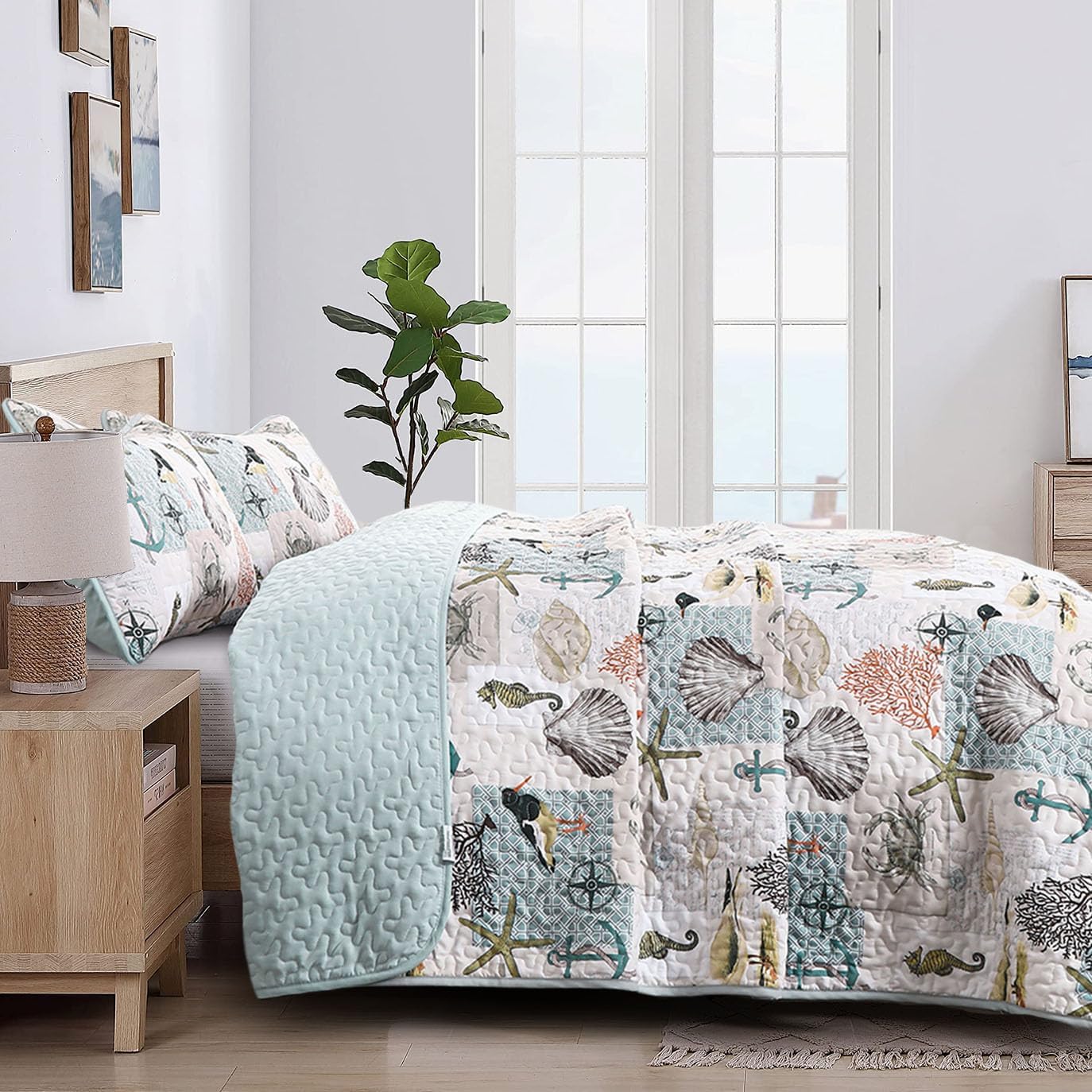 Djoymock Ocean Quilt Set Queen 3 Piece Summer Bedding