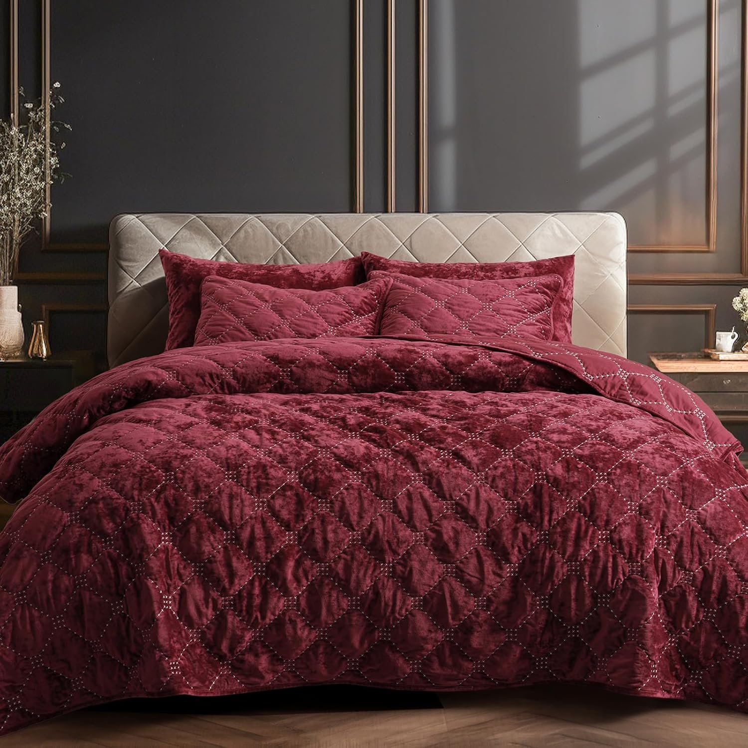 PHF Wine Red Velvet Quilt Set Twin Size