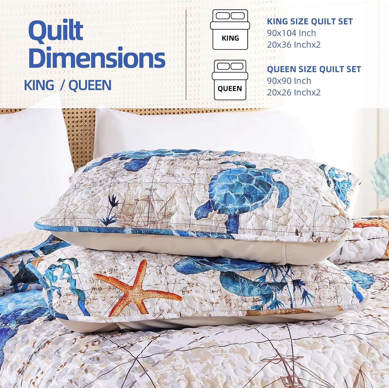 Weigelia Coastal Queen Quilt Set - Sea Turtles Nautical Design