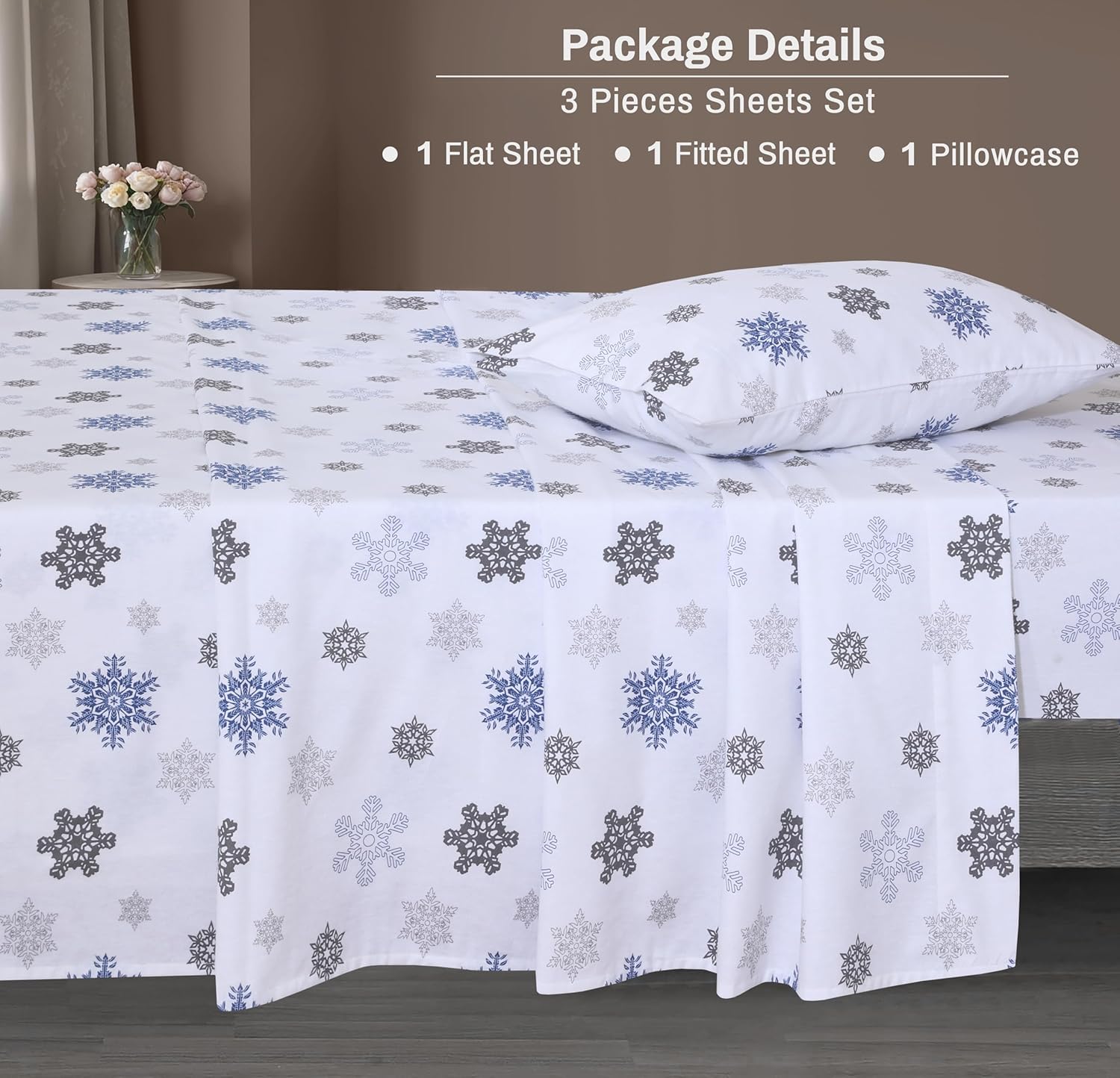 ZOYER Flannel Twin XL Sheet Set - 3 Pieces White Snow