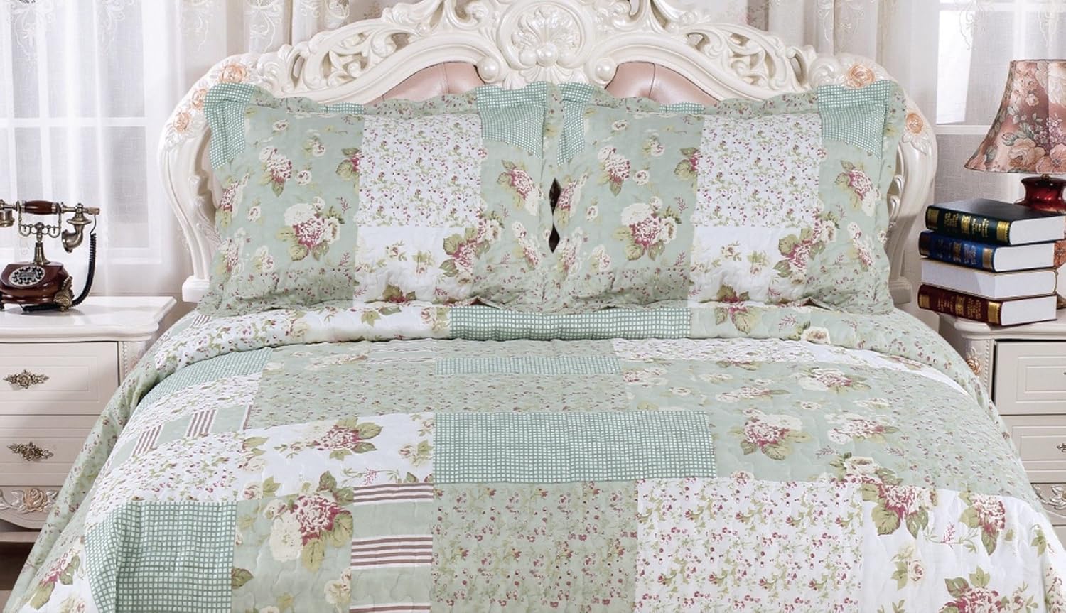 English Roses Quilt Set Reversible 3PCS Queen Size