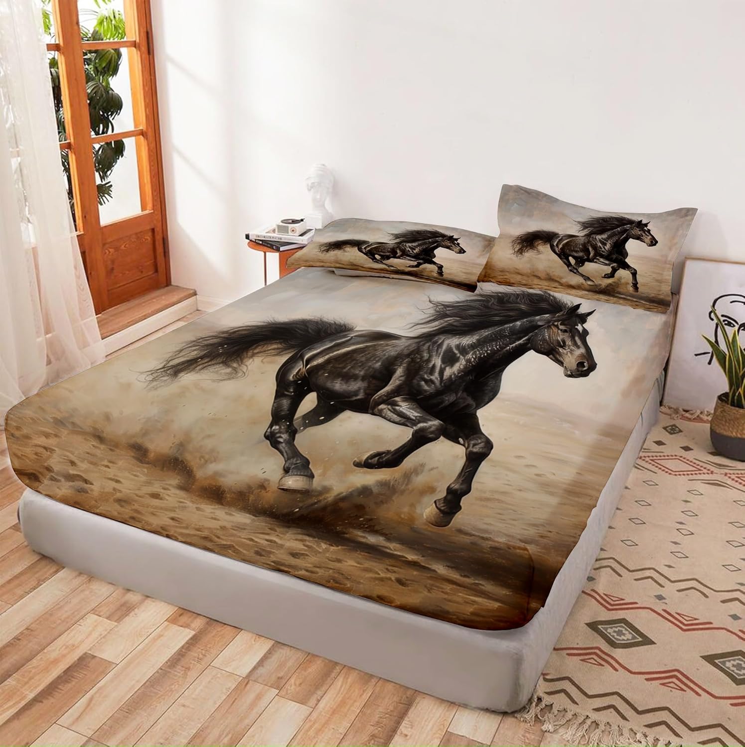 3D Animal Black Horse Bed Sheet Set 4pcs California King 1