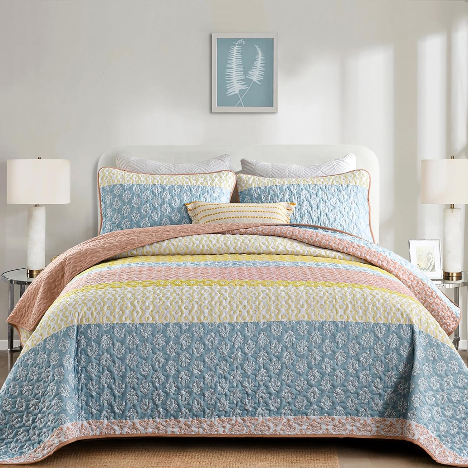 Boho Queen Quilt Set with 3 Pieces Striped Coverlet