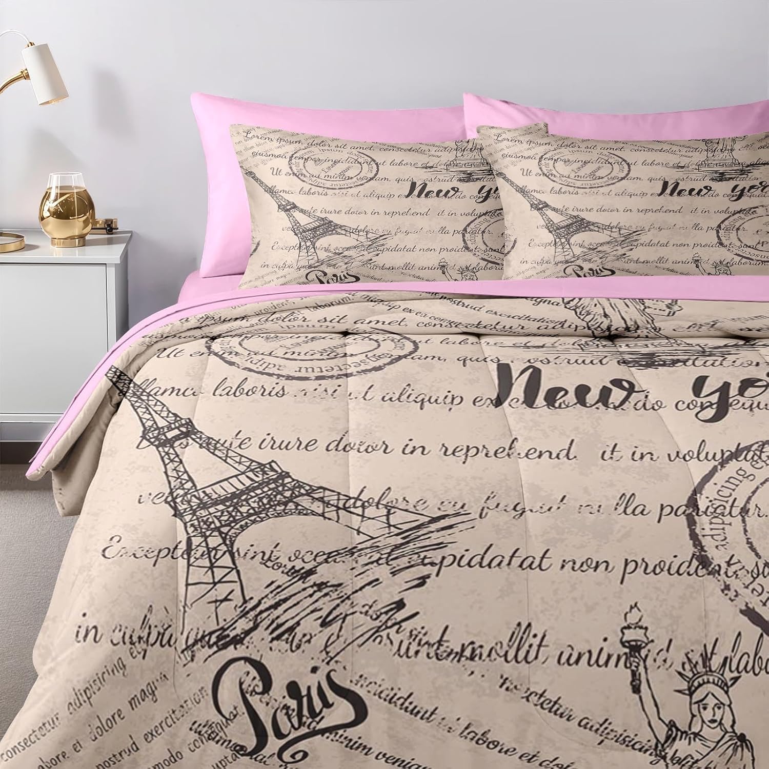 Nesker 7 Pcs Queen Comforter Set with Eiffel Tower Design
