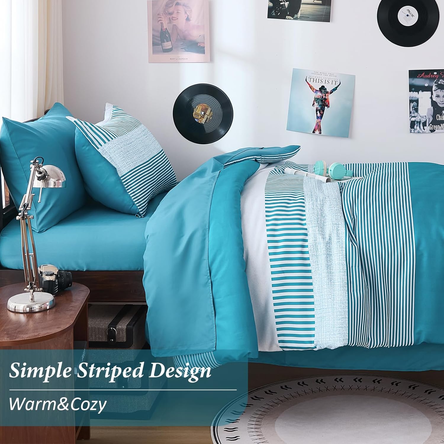 Cottolester Teal Striped Comforter Set Twin Size
