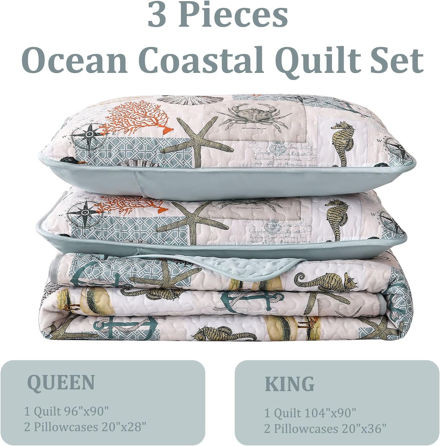 Djoymock Ocean Quilt Set Queen 3 Piece Summer Bedding