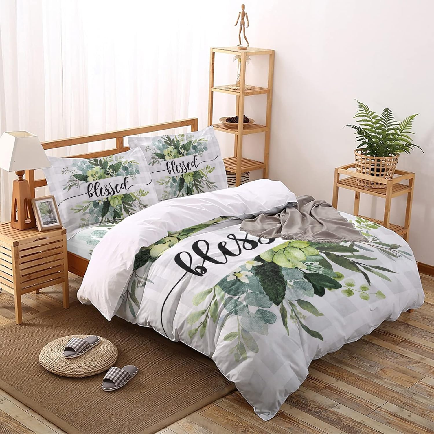 ZOE GARDEN Plaid Eucalyptus Duvet Cover Set Queen Size 1