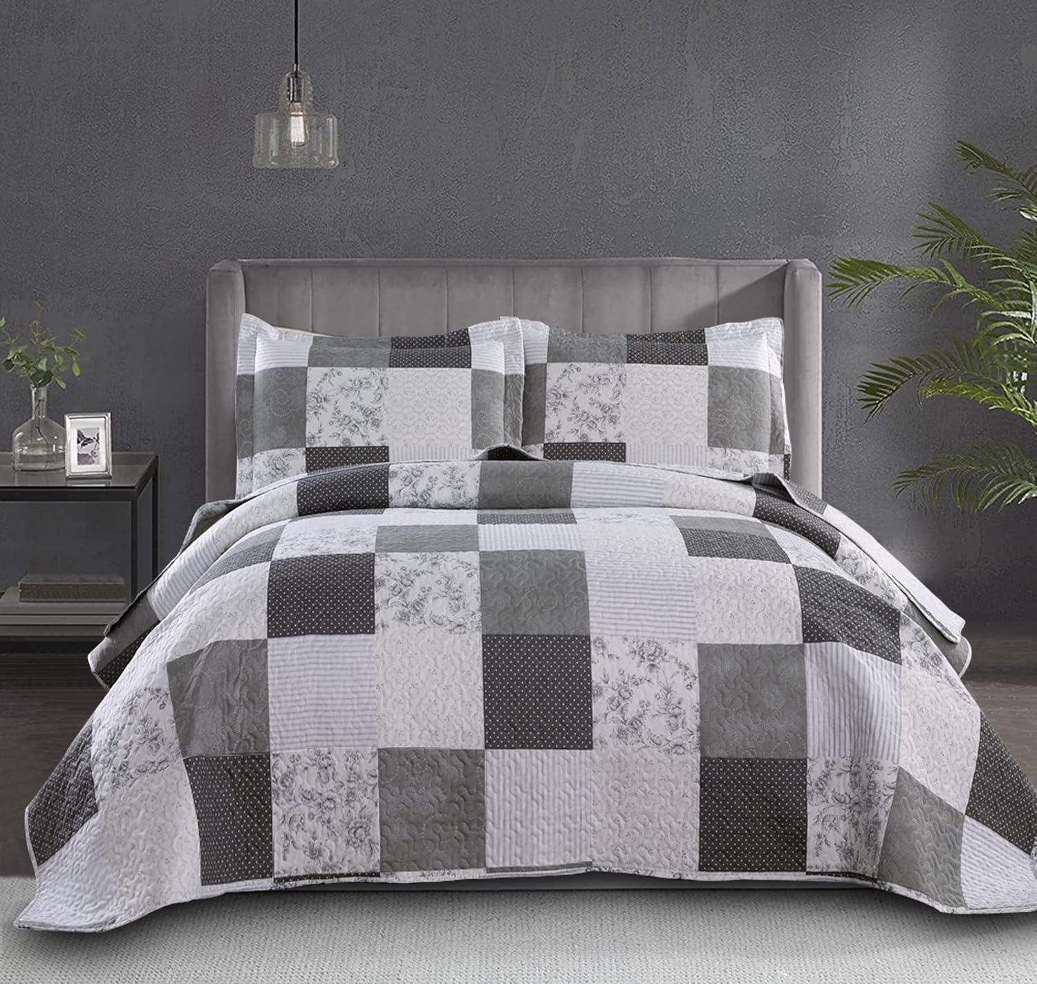 Jessy Home Modern Queen Bedspread Quilt Set - Grey Paisley Floral Plaid Reversible